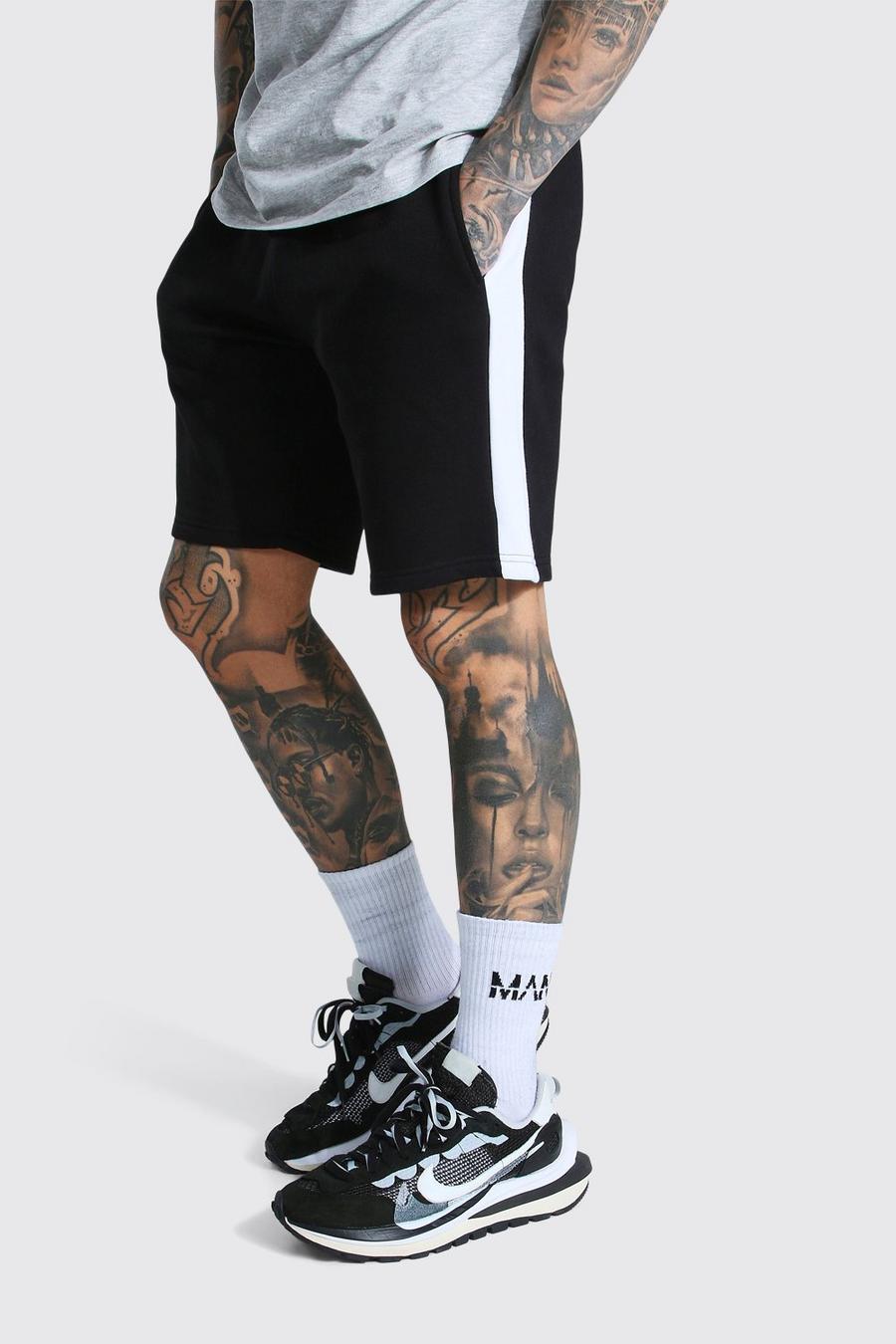 Black Loose Fit Mid Length Side Panel Jersey Shorts image number 1