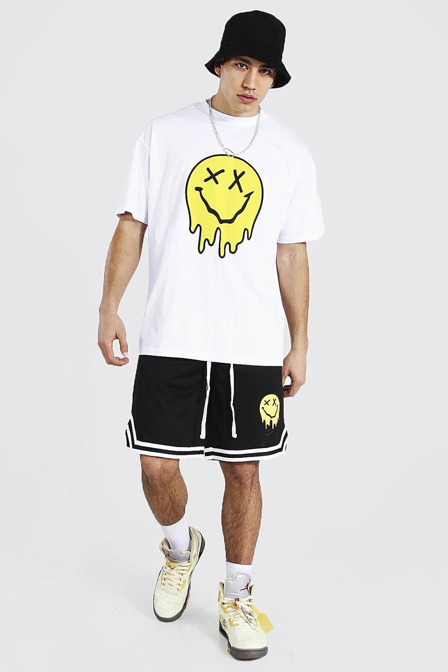 White Oversize t-shirt och shorts i airtex med droppande smiley image number 1