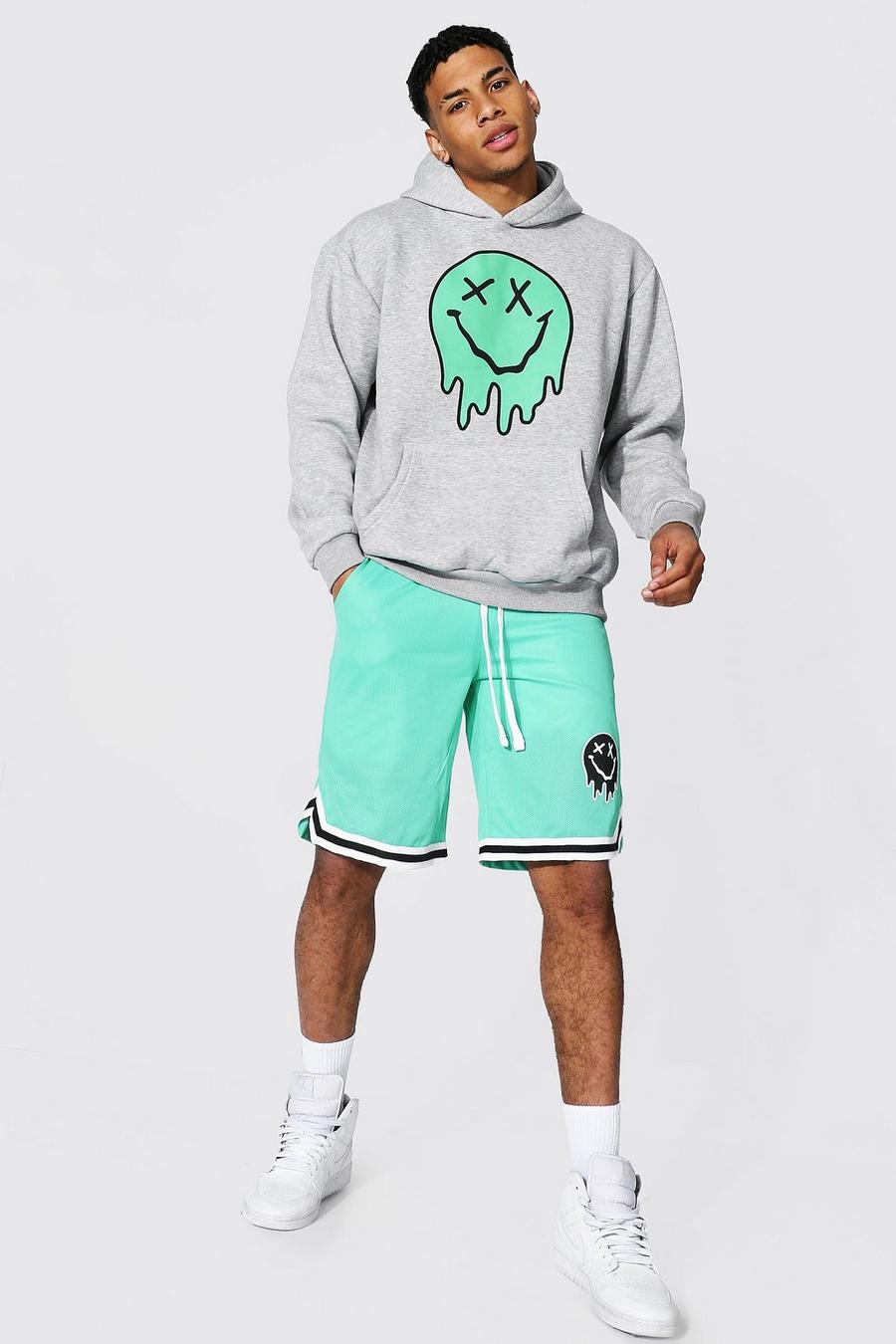 Green Oversize hoodie och shorts i airtex med droppande smiley image number 1
