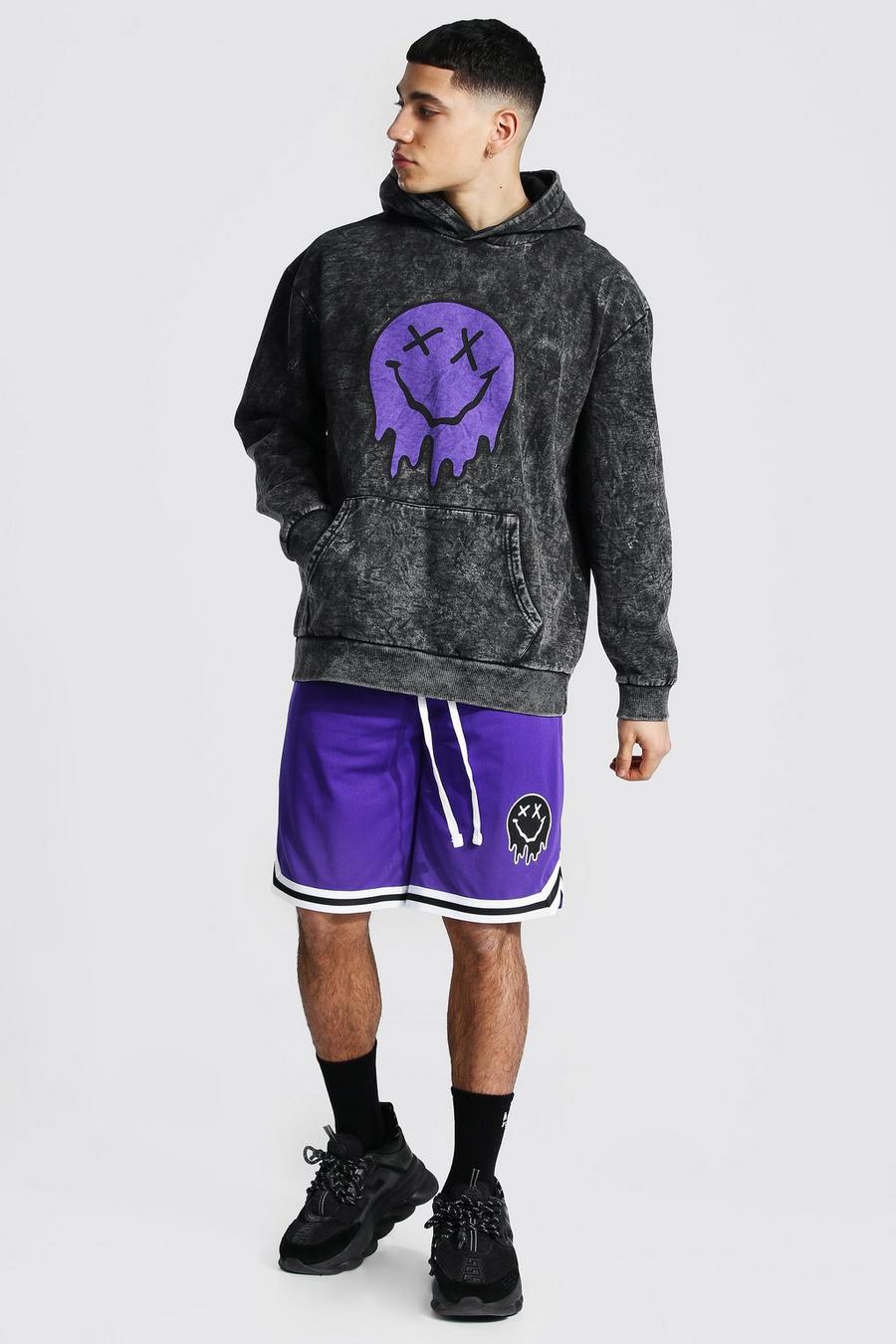 Purple Oversize stentvättad hoodie och shorts i airtex image number 1
