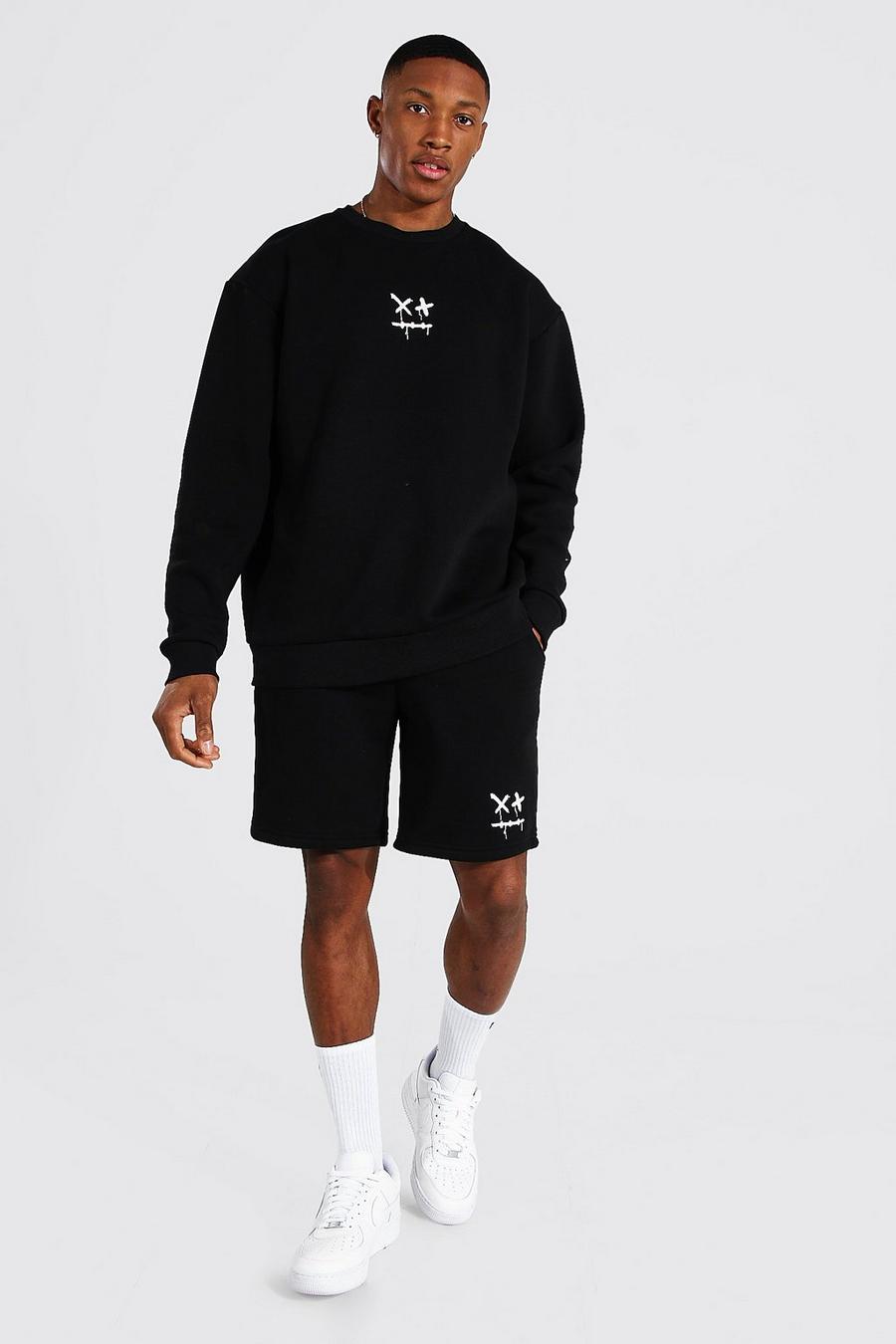 Black Oversize sweatshirt och shorts med droppande tryck image number 1