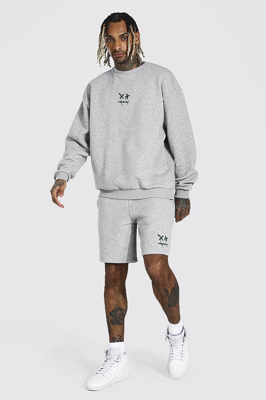 Grey marl Oversized Drip Face Short Sweater Tracksuit image number 1