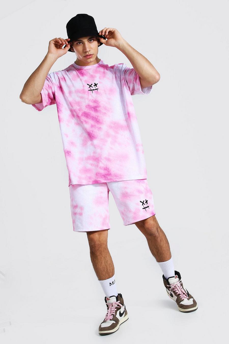 Pink Oversized Tie Dye Druipende Smiley T-Shirt En Shorts Set  image number 1