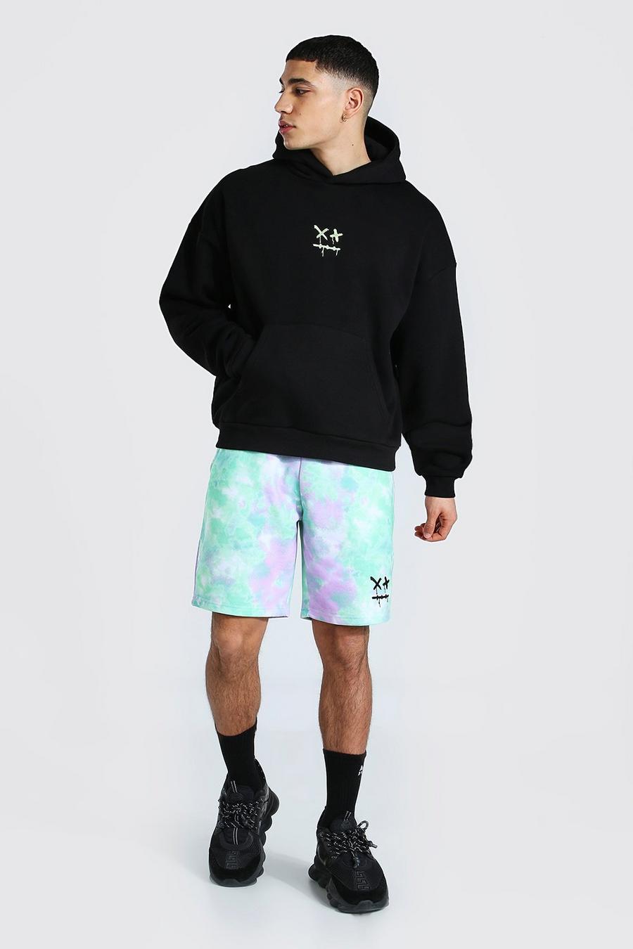 Black Oversize hoodie och batikmönstrade shorts med droppande tryck image number 1