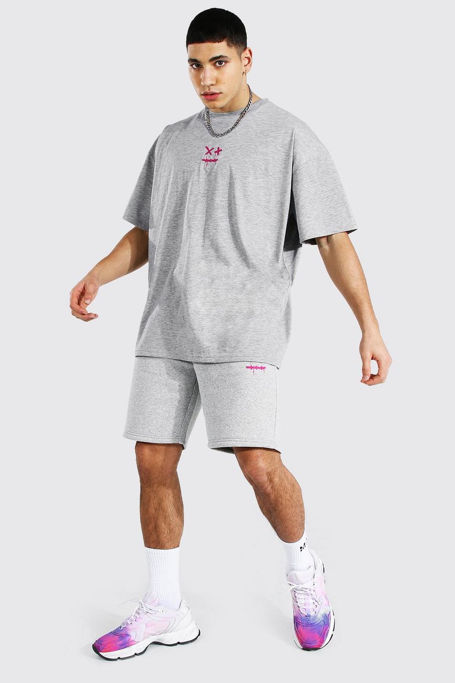 Grey marl Oversized Drip Face T-shirt & Short Set image number 1