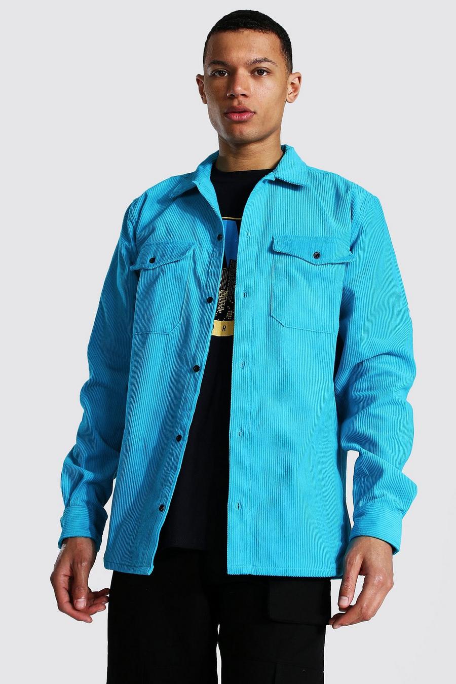 Tall Überhemd aus Cordsamt mit Knopfleiste, Aquablau image number 1