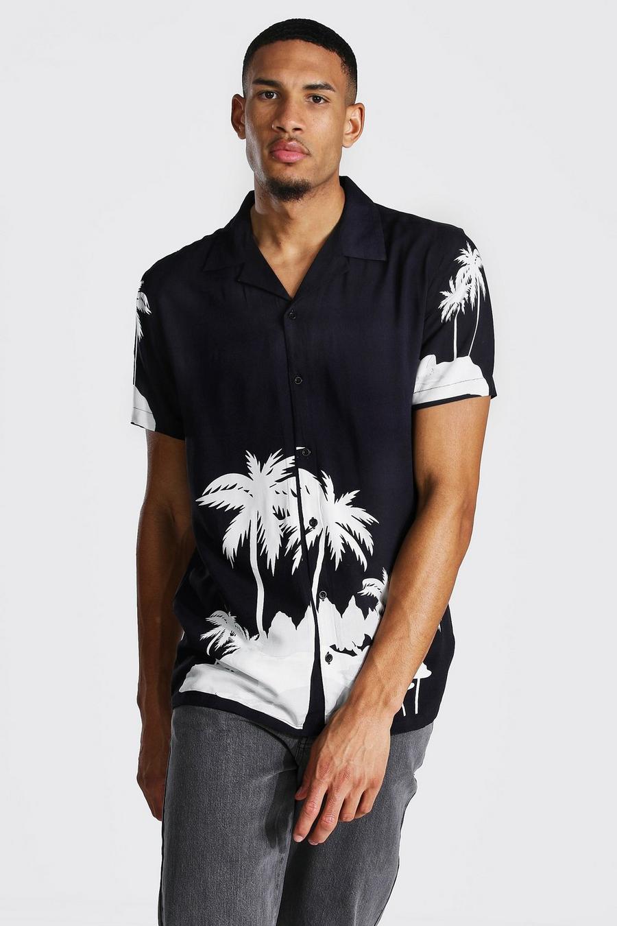 Black Tall Palm Print Revere Collar Shirt image number 1