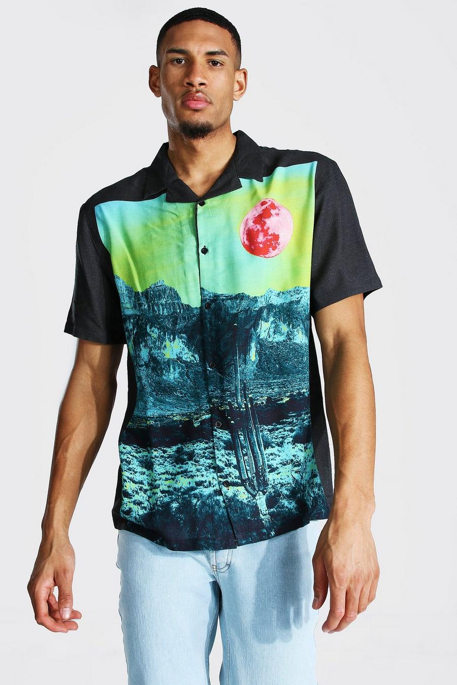 Black Tall Landscape Print Revere Collar Shirt image number 1