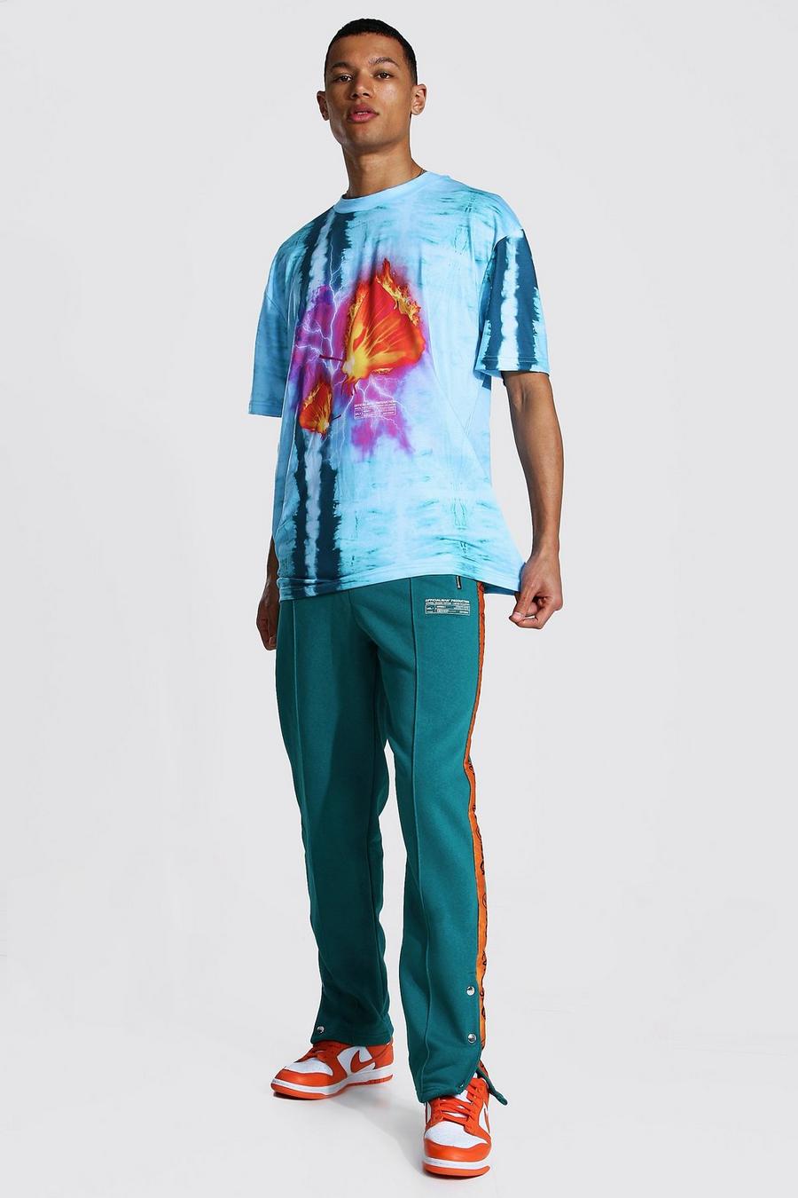 Tall Übergroßes Set mit T-Shirt in Batik-Optik und Jogginghosen mit Druckknöpfen, Blau image number 1