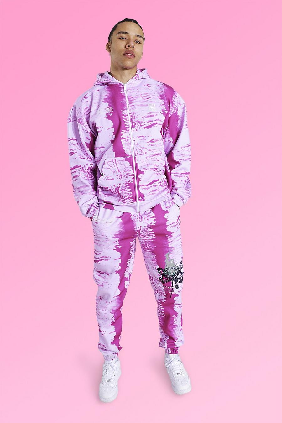 Pink Tall Oversized Tie Dye Dual Zip Tracksuit image number 1
