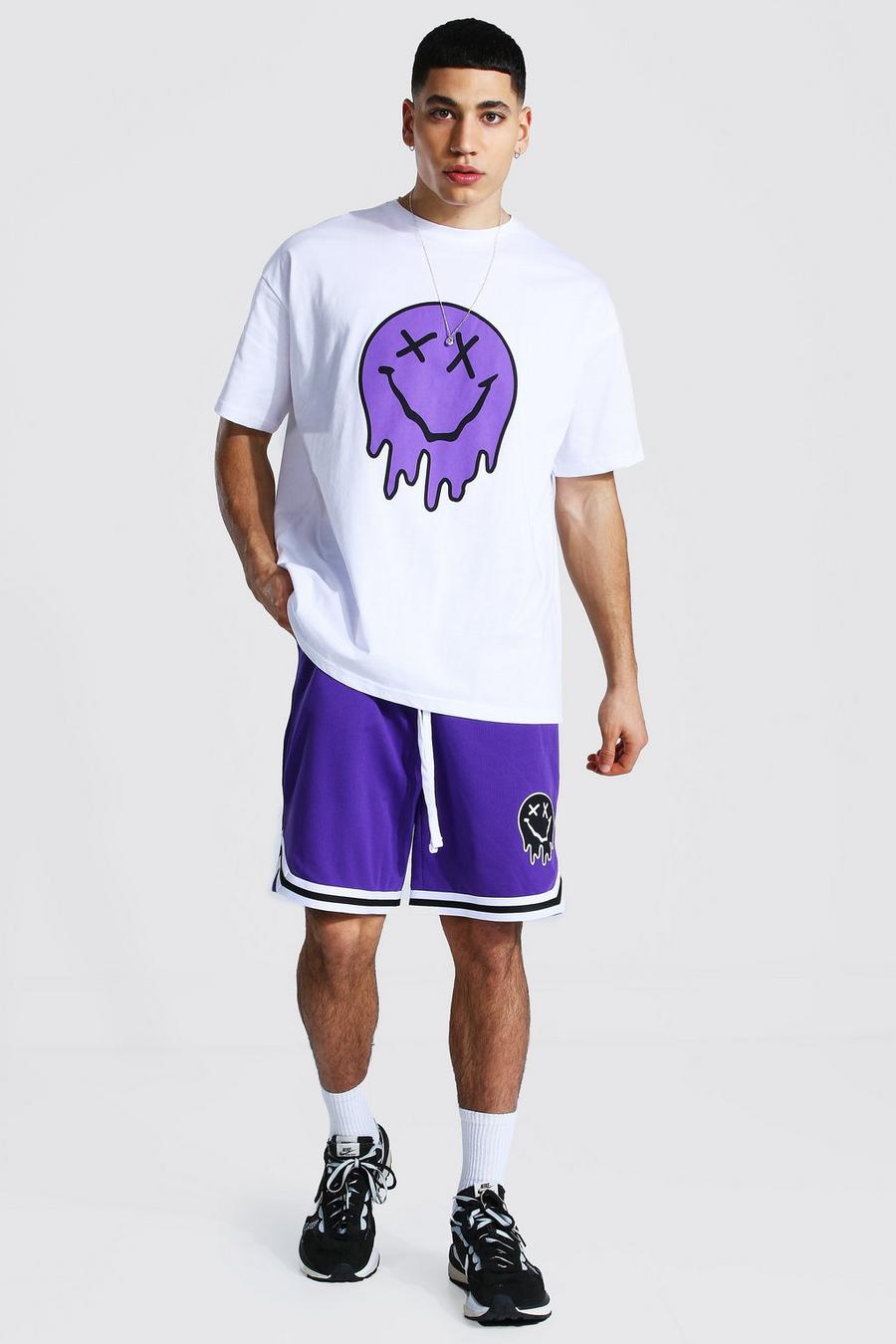 Purple Oversize t-shirt och shorts i airtex med droppande smiley image number 1