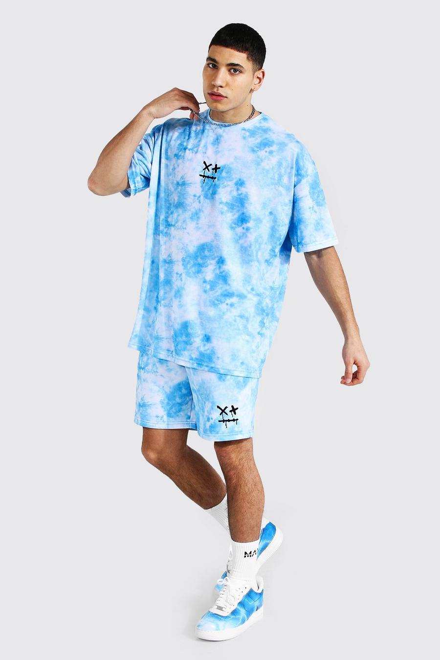 Set aus T-Shirt in Batik-Optik mit Drip Face und Shorts in Übergröße, Blau image number 1