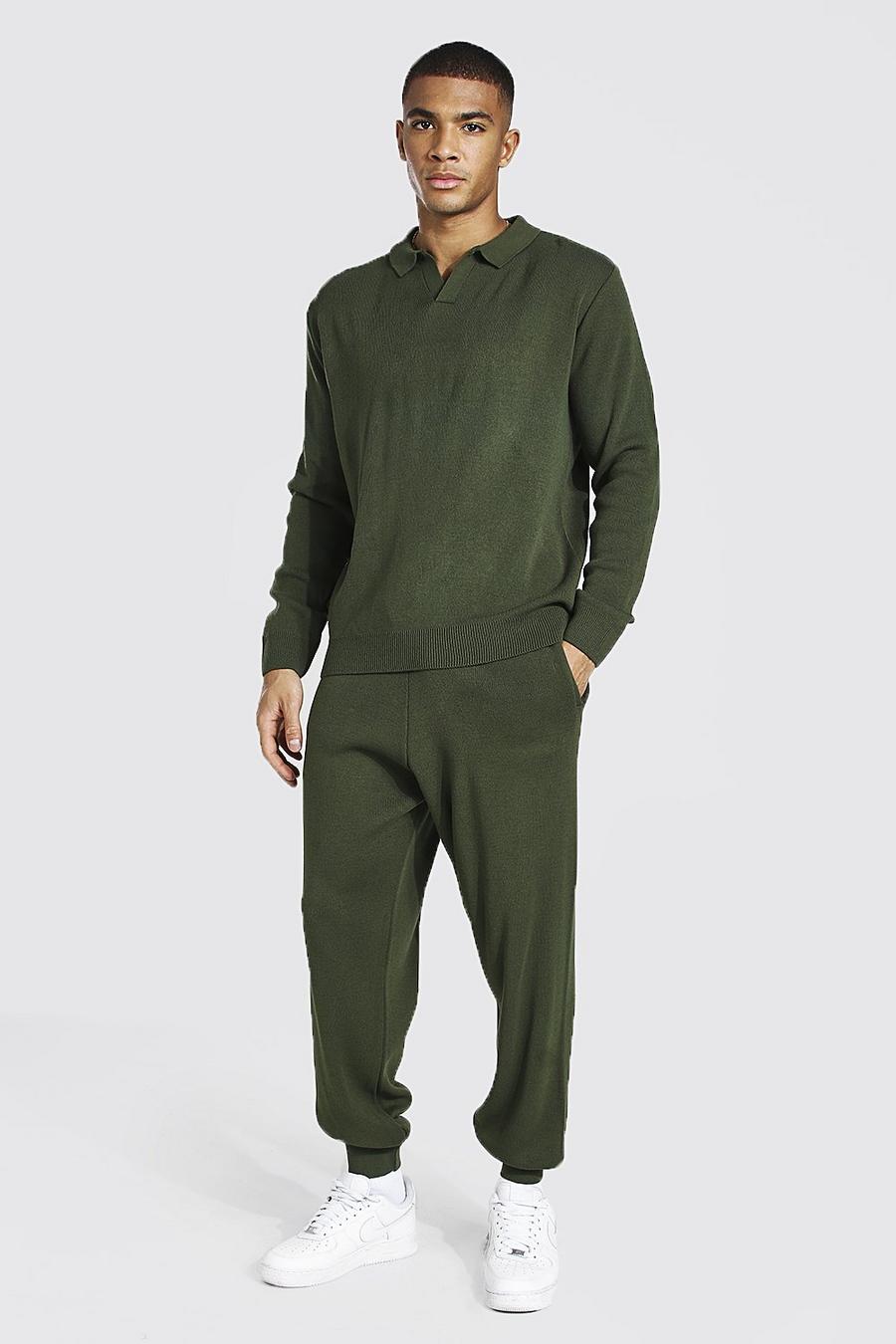 Khaki Long Sleeve Knitted Polo & Jogger Set image number 1