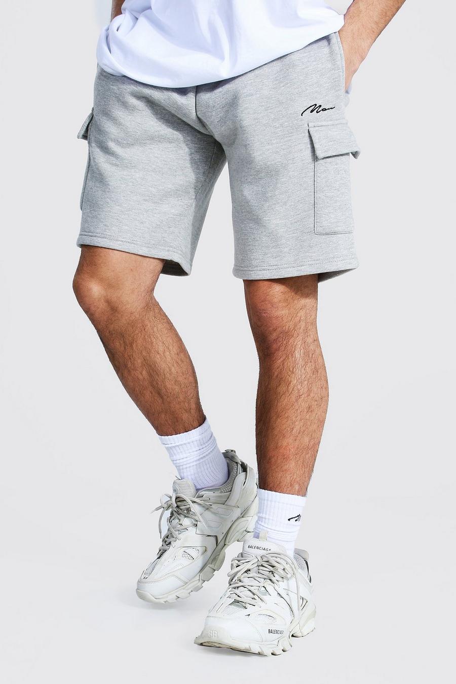 Grey marl Man Signature Mid Length Cargo Jersey Shorts image number 1