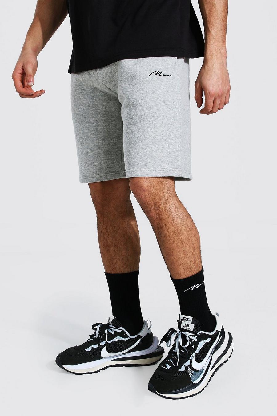 Mittellange Jersey-Shorts mit Man-Schriftzug, Regular Fit, Grau meliert image number 1
