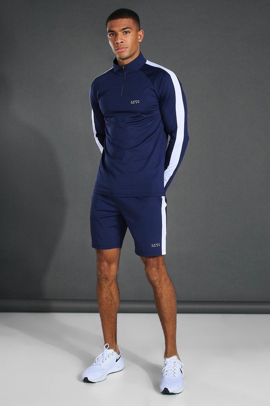 MAN Active Set mit Trichterhals und Shorts mit Seitenstreifen, Marineblau image number 1