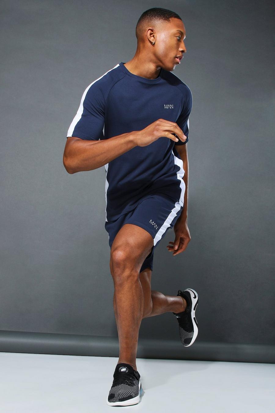 Man Active Set aus T-Shirt und Shorts mit Seitenstreifen, Marineblau image number 1