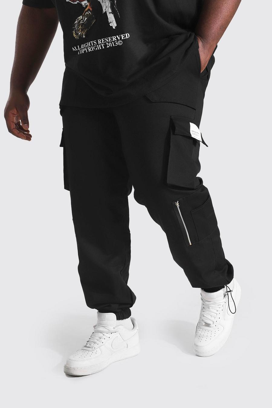 Plus Size Slim Fit Utility-Jogginghose mit Reißverschluss, Schwarz image number 1