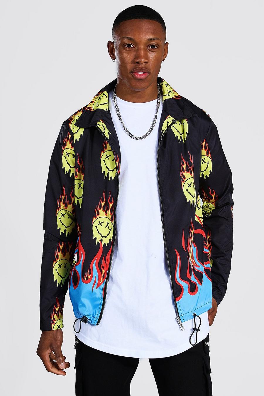 Black All Over Flames Drip Face Coach Jacket image number 1