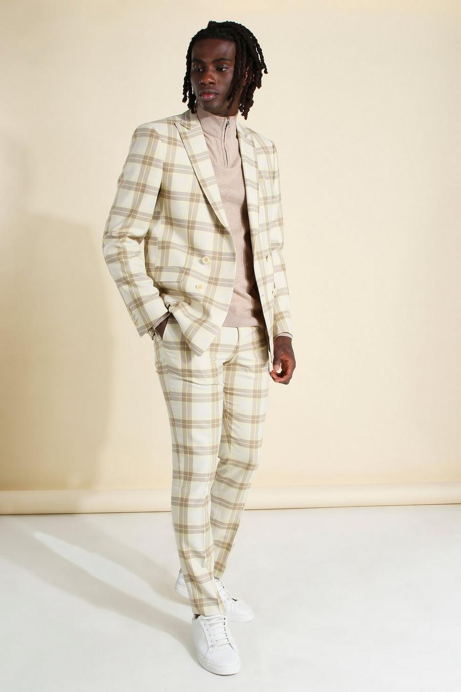 Ecru white Skinny Check Double Breasted Suit Jacket