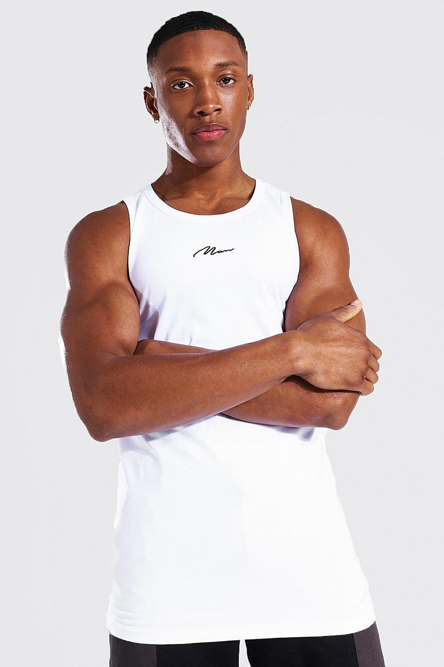 Muscle Fit Weste mit Man-Schriftzug, Weiß image number 1
