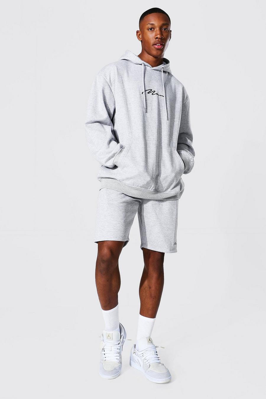 Grey marl Man Signature Oversize hoodie och shorts image number 1