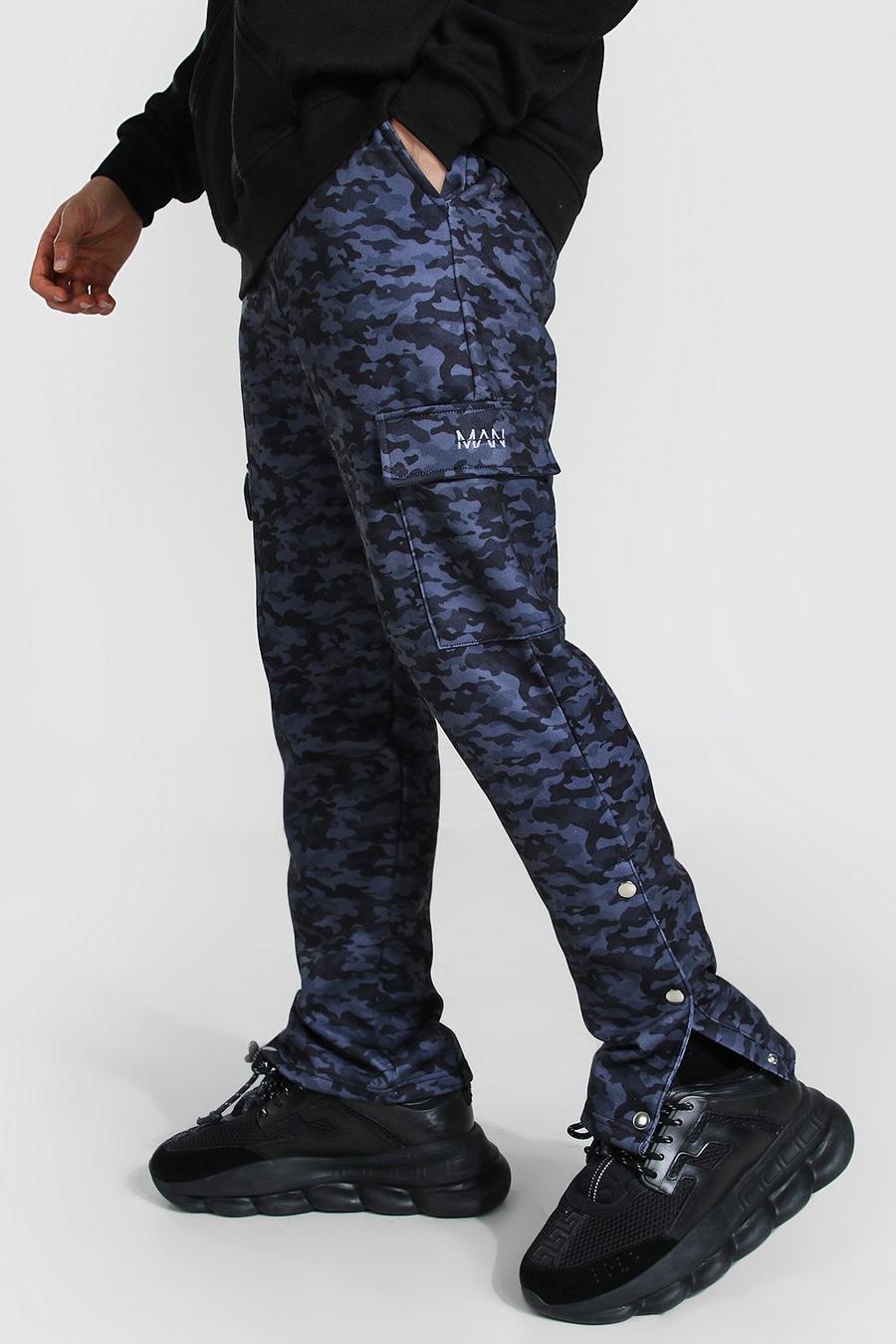 Black Man Slim Camo Cargo Popper Track Pants image number 1