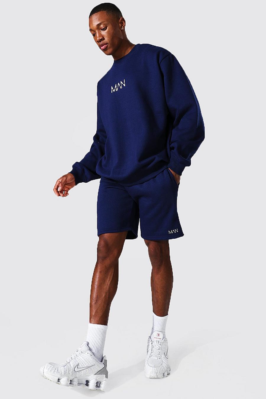 Übergroßer Trainingsanzug mit Pullover und Shorts und „Original MAN“-Motiv, Marineblau image number 1
