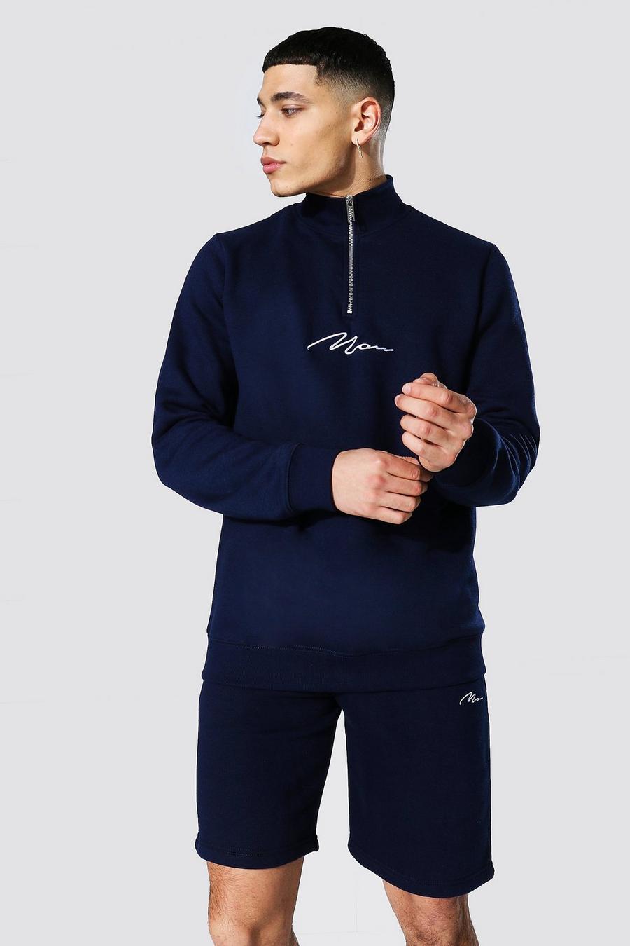 Sweatshirt mit Trichterhals, kurzem Reißverschluss und Man-Schriftzug, Marineblau image number 1