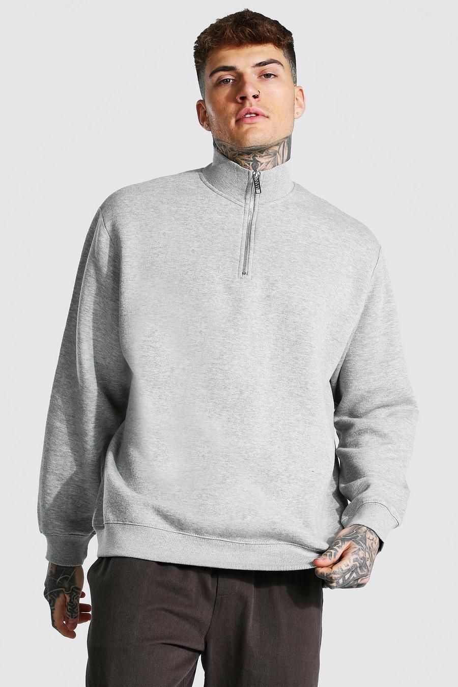 Übergroßes Sweatshirt mit Trichterhals und kurzem Reißverschluss, Grau meliert image number 1