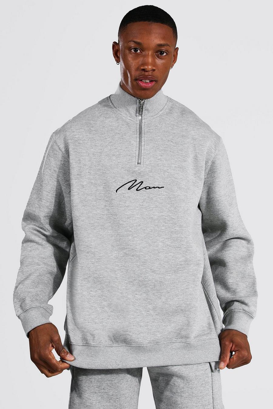 Grey marl Man Signature Oversize sweatshirt med kort dragkedja image number 1