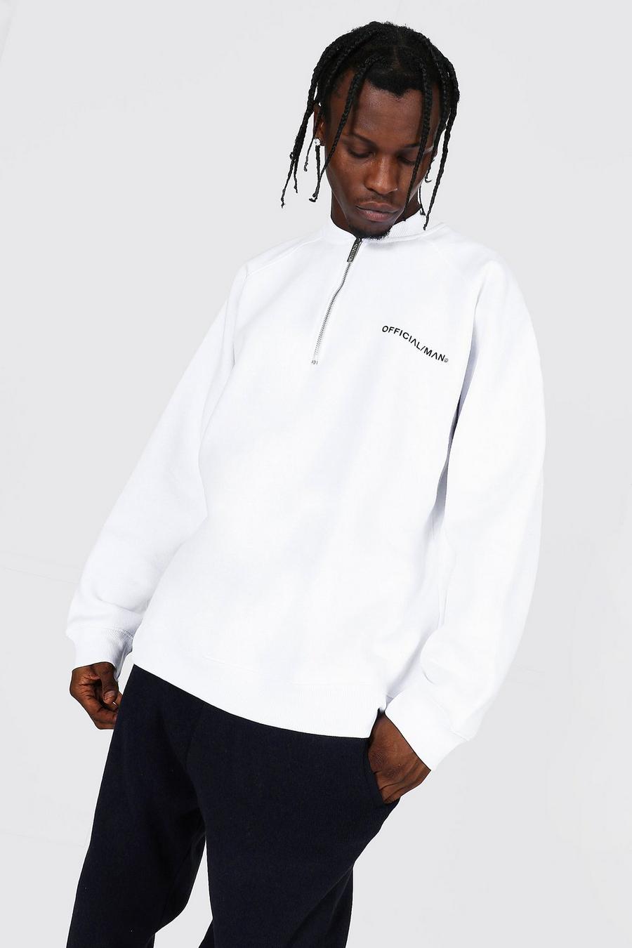 White MAN Oversize sweatshirt med raglanärm och kort dragkedja image number 1