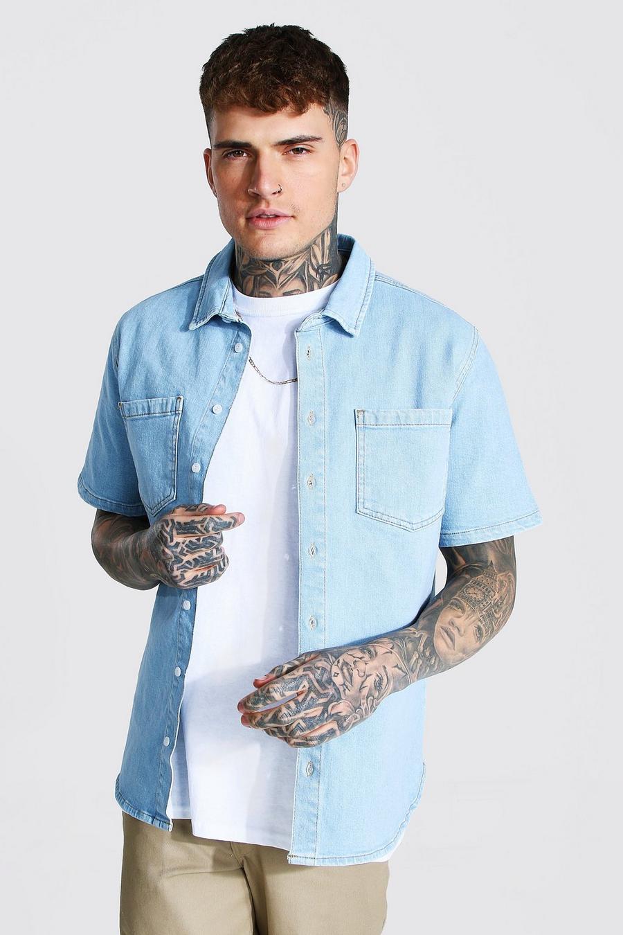 Chemise droite en jean à manches courtes, Light blue image number 1