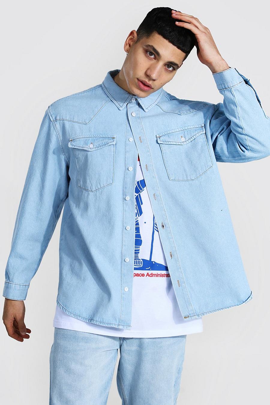 Light blue Oversized Rigid Western Denim Shirt image number 1
