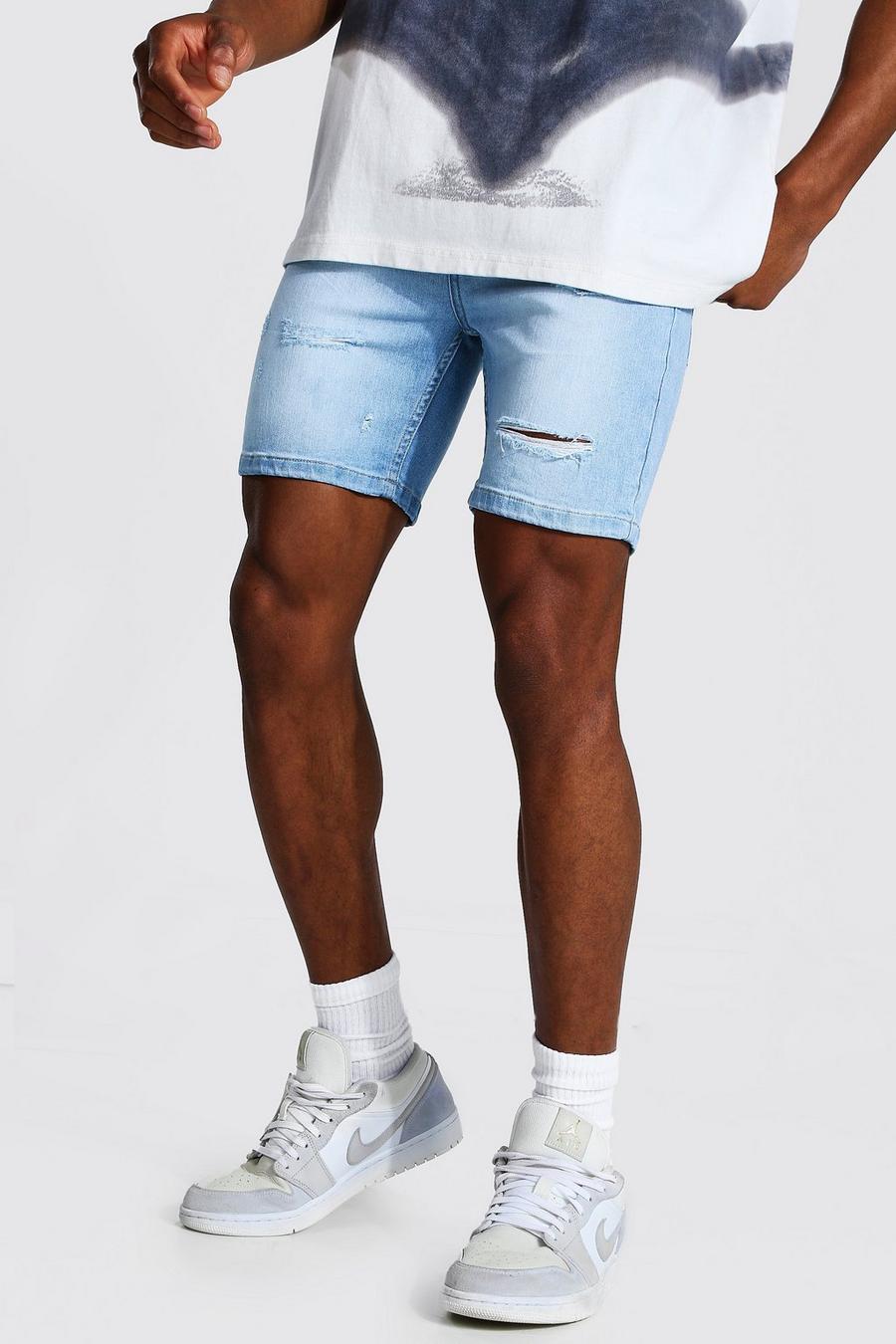 Pantaloncini skinny in denim elasticizzato con strappi multipli, Blu ghiaccio image number 1