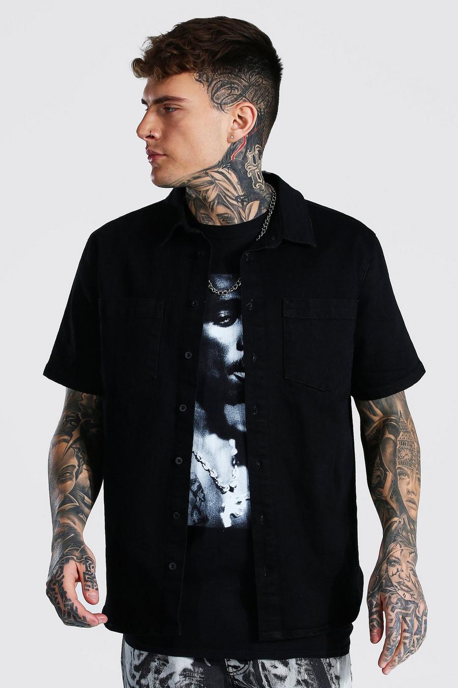 Camisa vaquera elástica de corte de ajuste estándar de manga corta, Negro auténtico image number 1