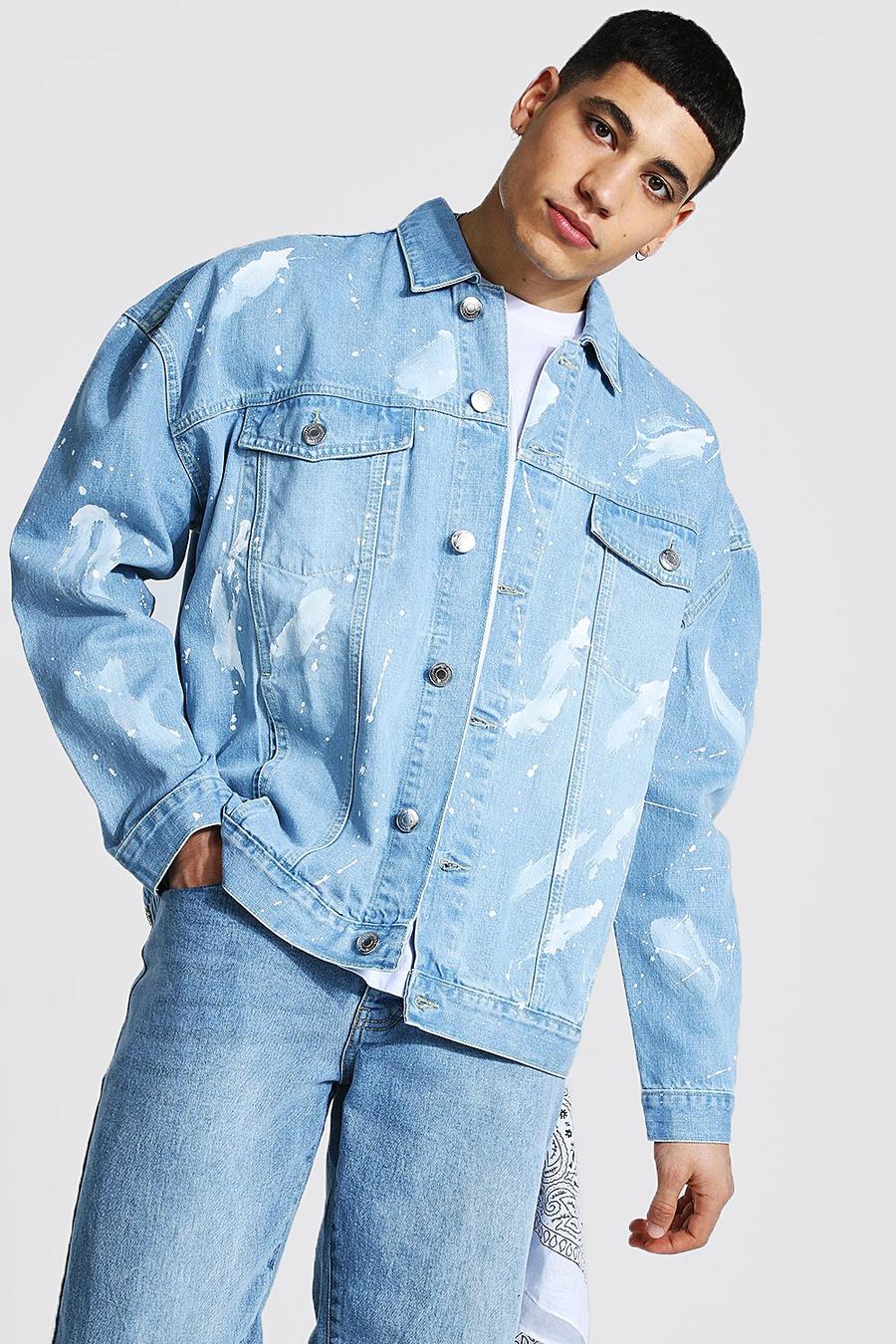 כחול קרח ז'קט מבד ג'ינס אוברסייז עם כתמי צבע image number 1