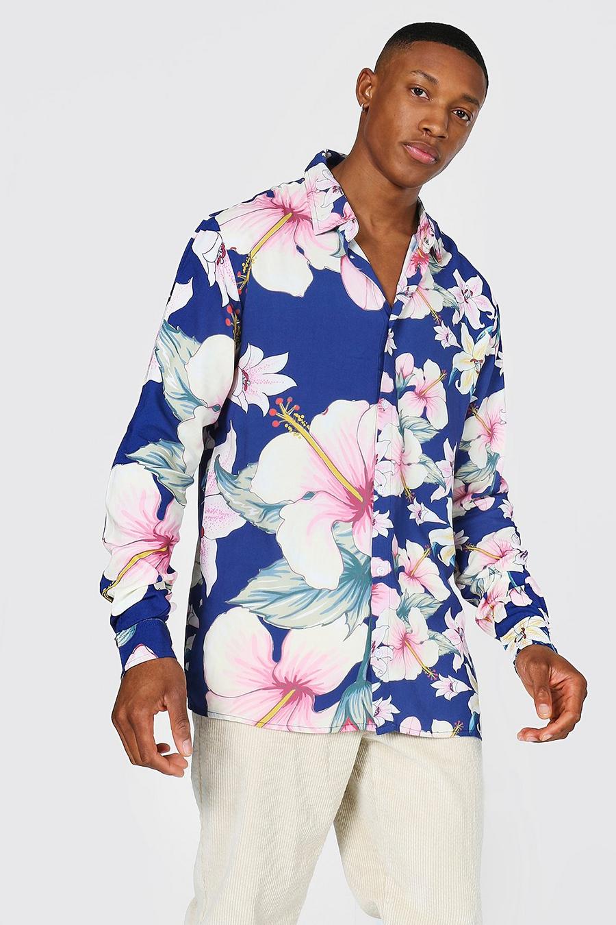 Camisa de manga larga en viscosa floral, Azul marino image number 1