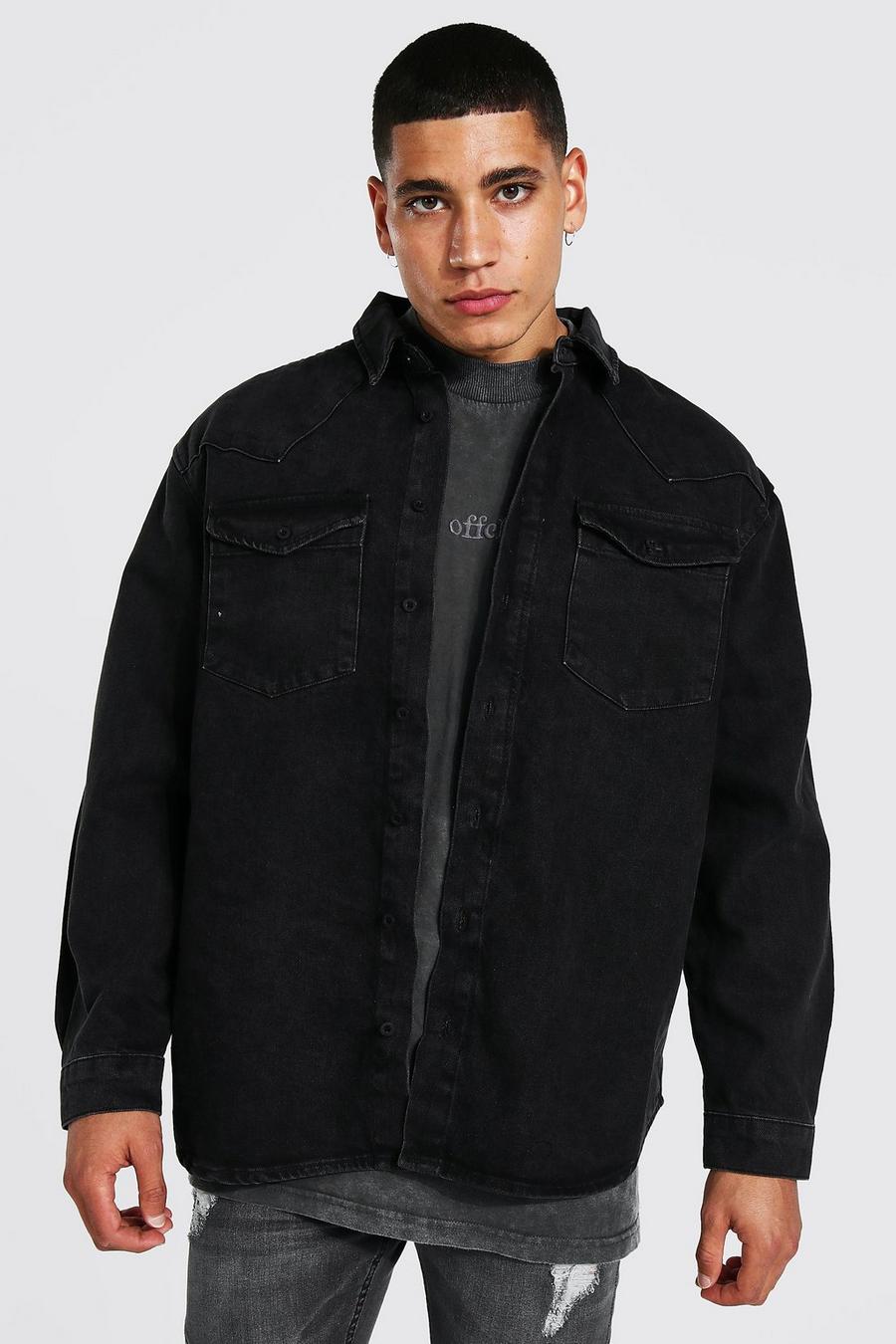 Washed black Oversize jeansskjorta i westernstil image number 1
