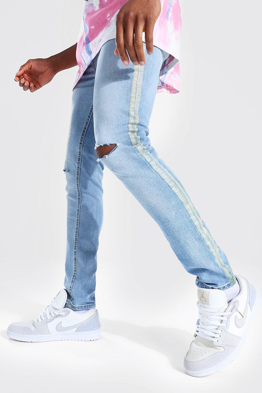 כחול עתיק סקיני ג'ינס מבד נמתח עם קרעים מרובים ופס בצד image number 1