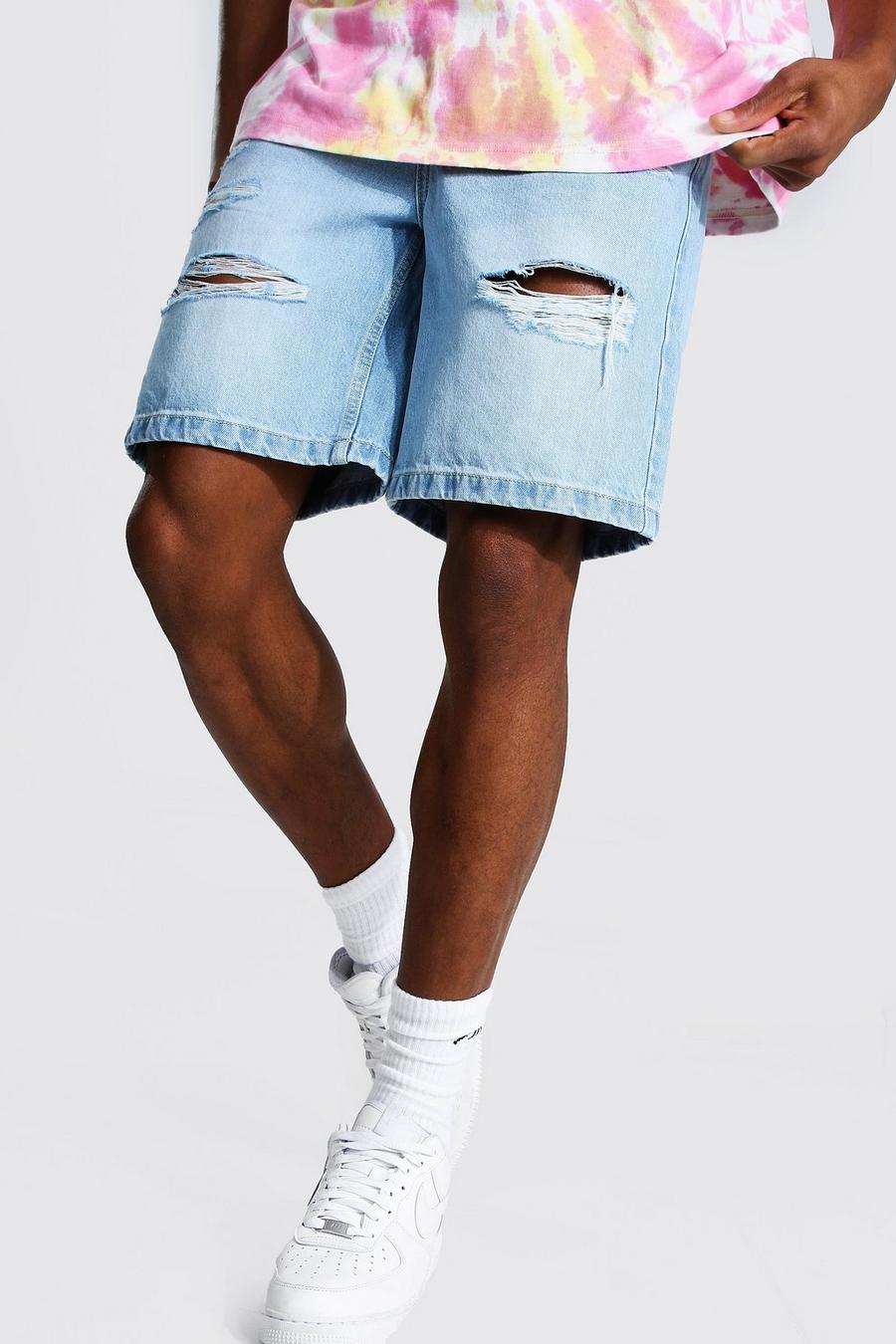 Ice blue Loose Fit All Over Distressed Jean Short image number 1