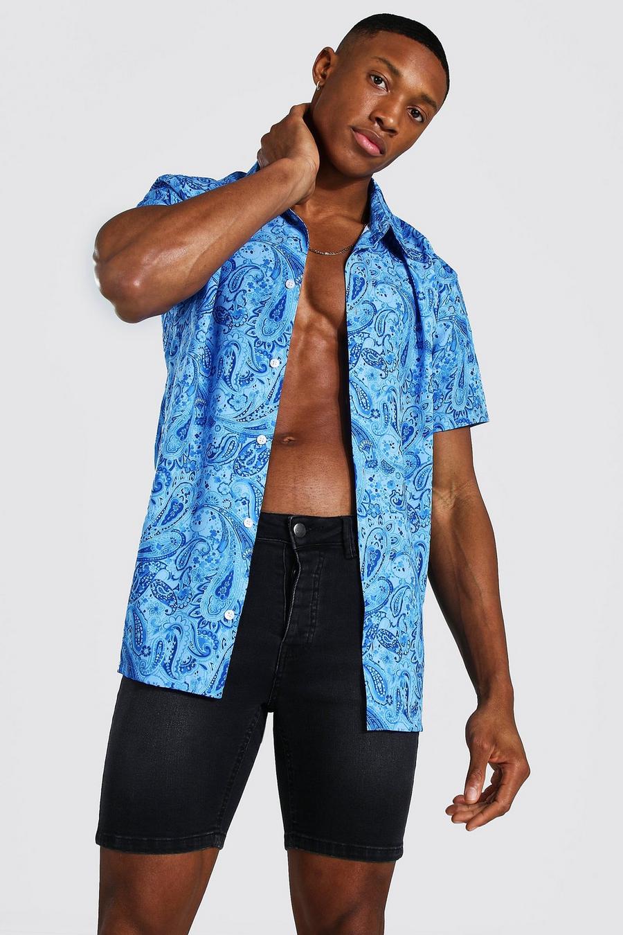 Camisa de manga corta con estampado de cachemir, Azul image number 1
