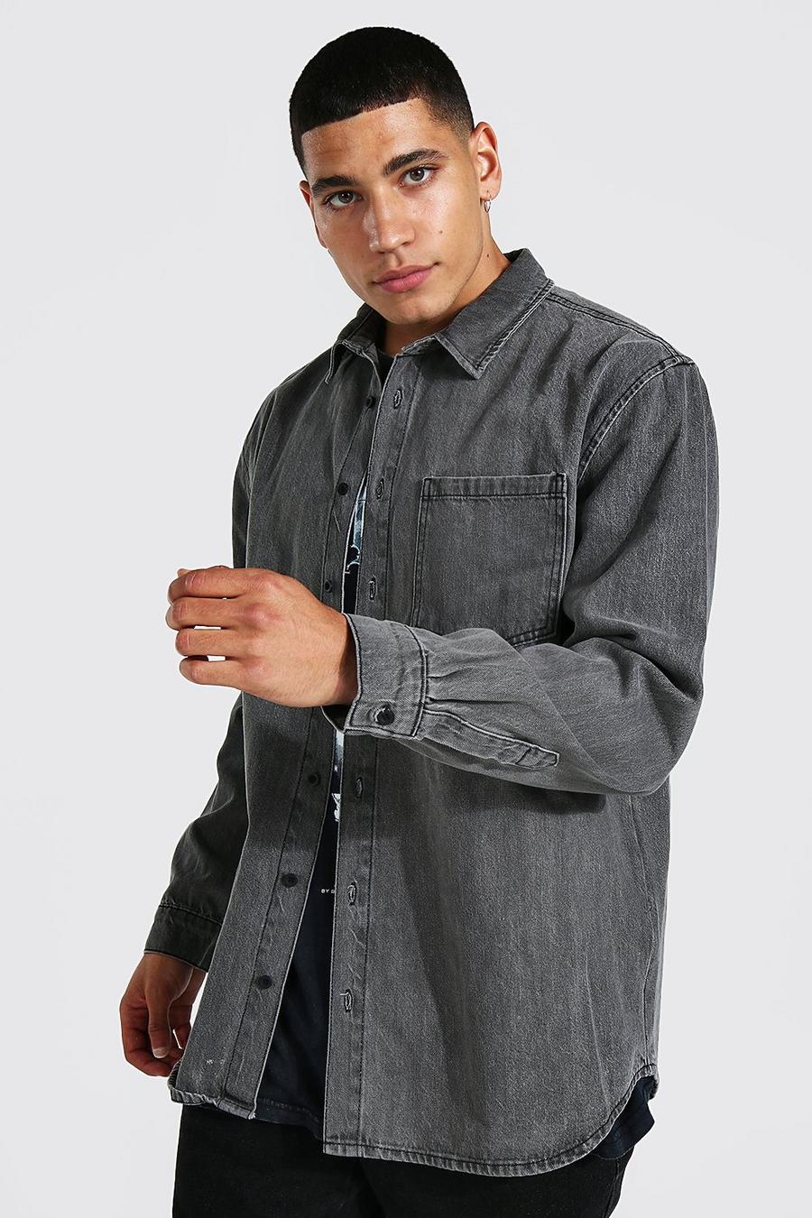 Charcoal Oversize långärmad jeansskjorta i rigid denim image number 1