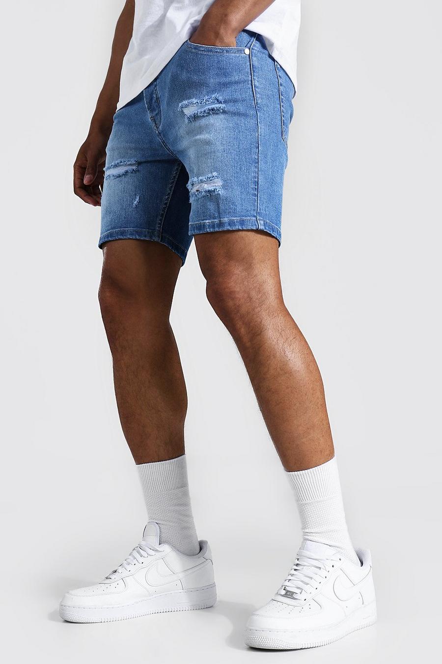 Pantalones cortos estilo vaquero skinny elásticos con rasgaduras múltiples, Azul antiguo image number 1
