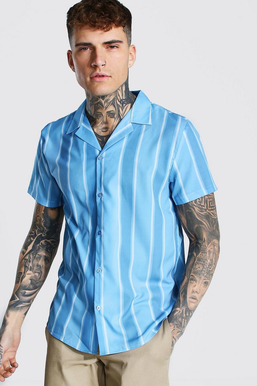 Powder blue Short Sleeve Revere Striped Shirt image number 1