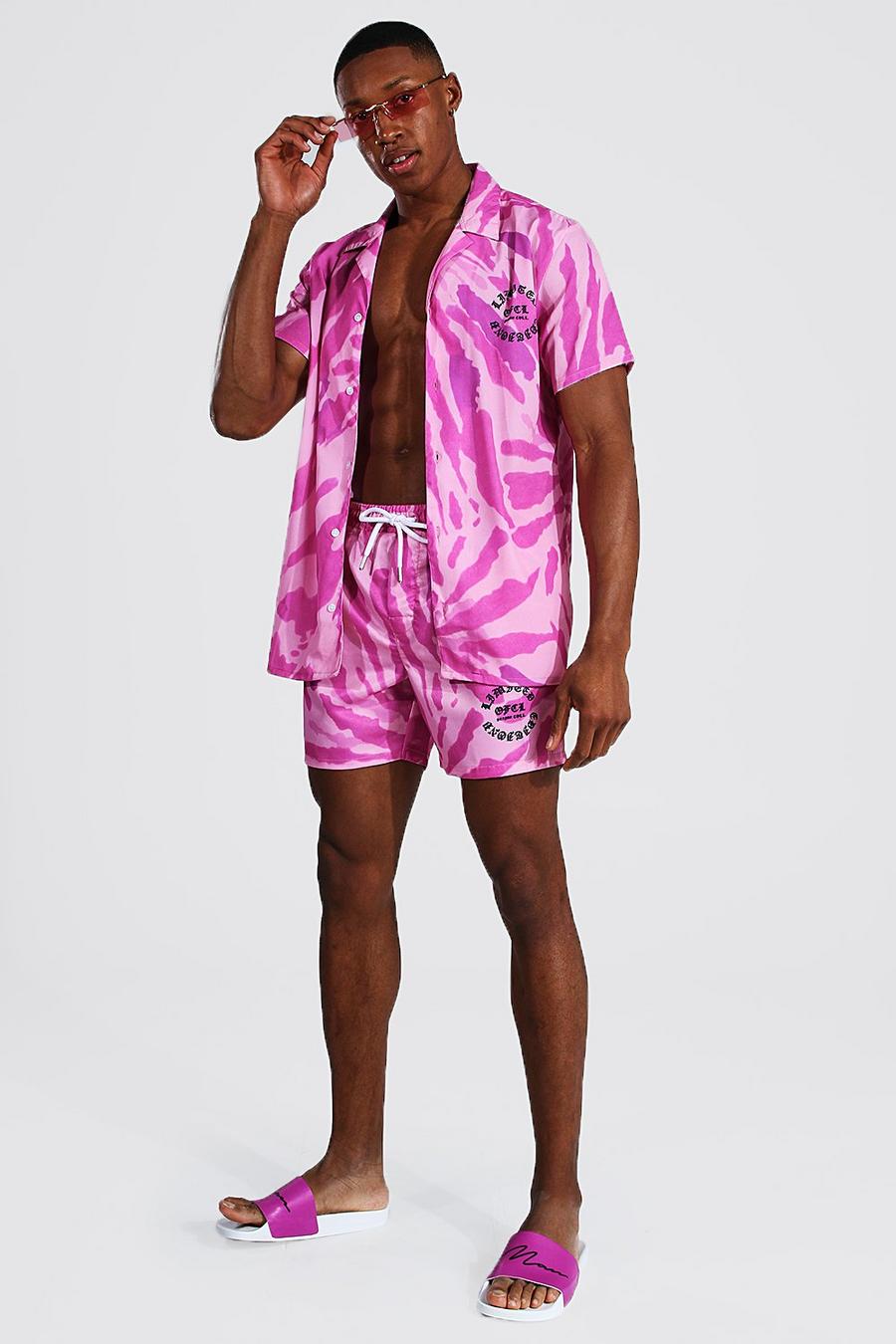 Costume a pantaloncino e camicia a maniche corte con colletto risvoltato effetto tie-dye, Fucsia rosa image number 1