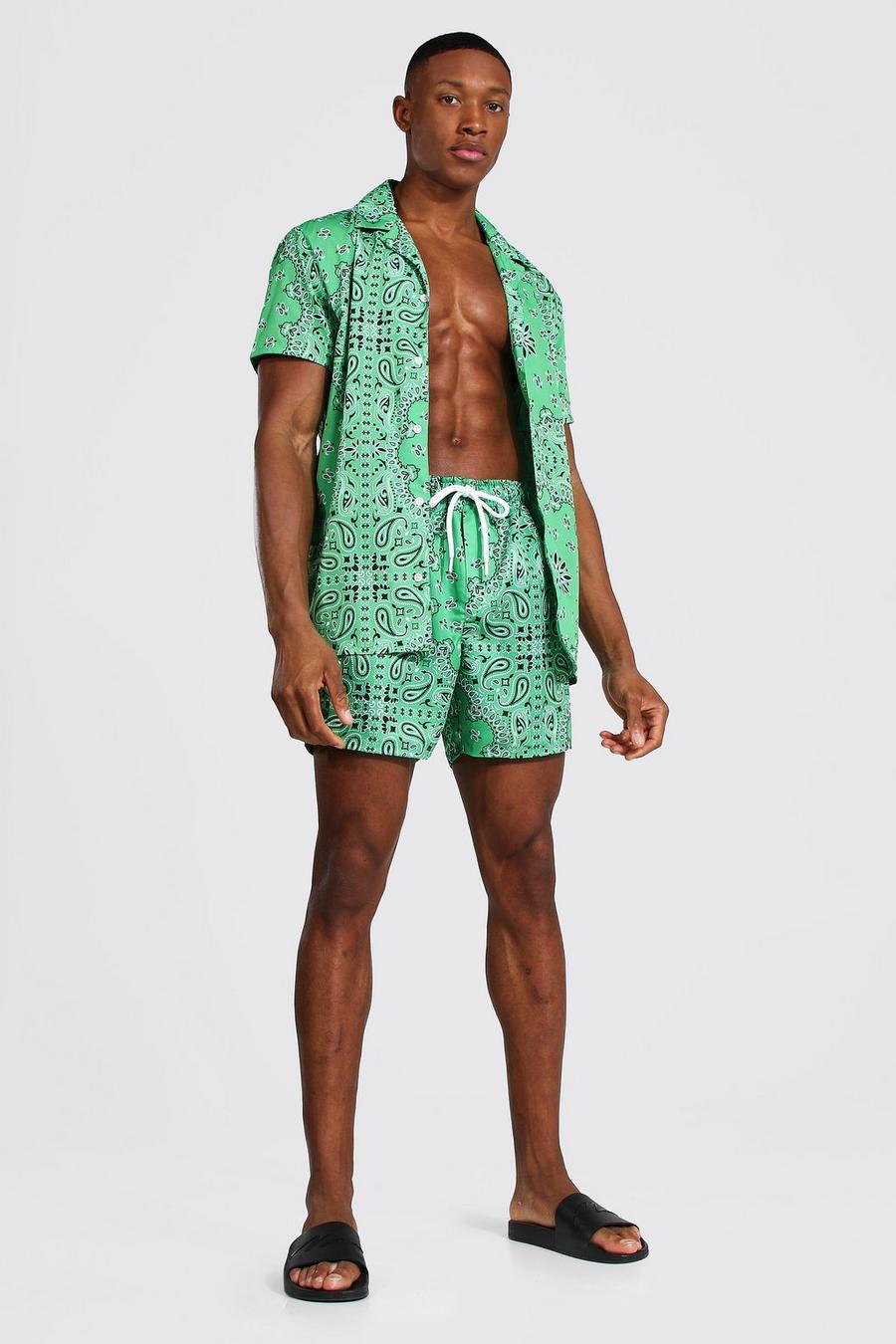 Green Short Sleeve Revere Bandana Shirt And Swim image number 1