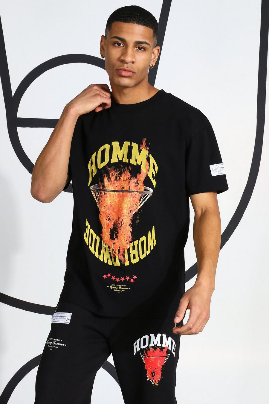 T-Shirt mit Homme-Motiv und Flammen-Print , Schwarz image number 1