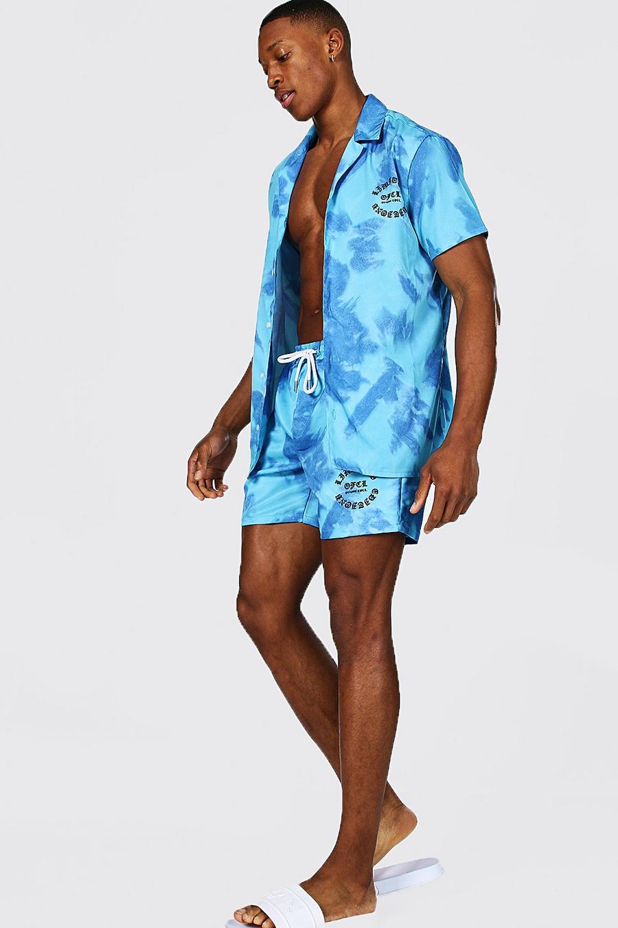 Aqua Short Sleeve Revere Tie Dye Shirt And Swim image number 1