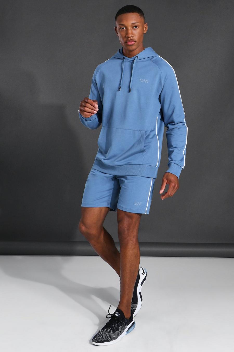 Dusty blue Man Active Piping Detail Hoodie & Short Set image number 1